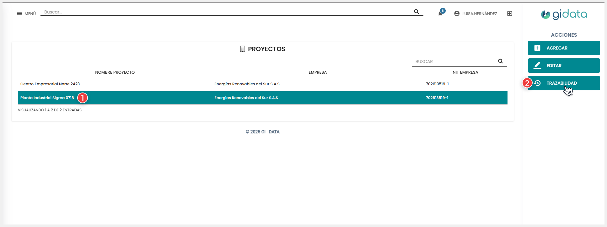 Vista del submódulo de Proyectos donde se selecciona un registro y se presiona el botón de ‘Editar’
