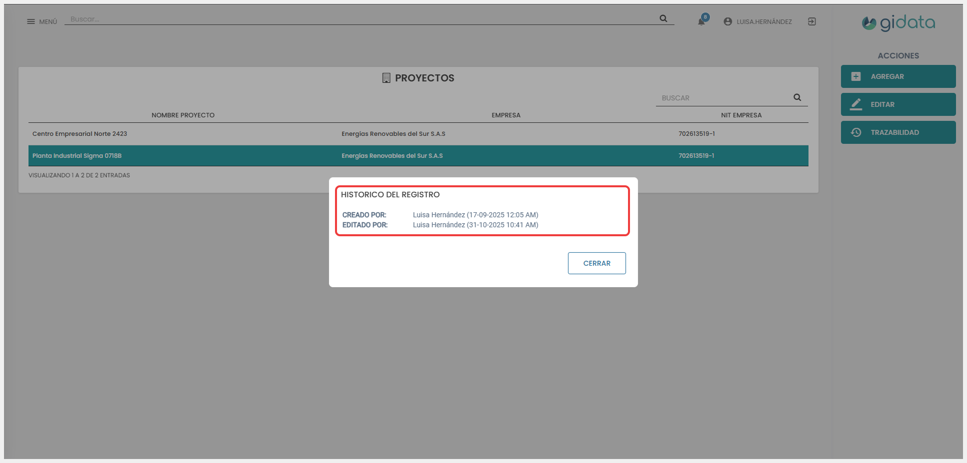 Vista del formulario ‘Editar proyecto’, donde se actualizan los diferentes campos.