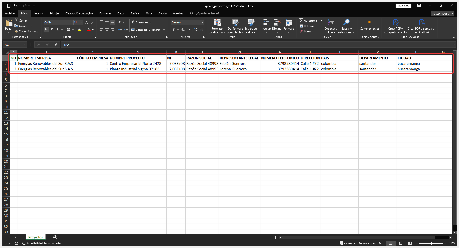 Vista del archivo Excel generado por la plataforma con los registros del módulo Proyectos.
