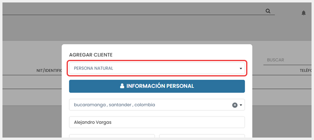 Vista del formulario ‘Agregar cliente’, en el campo ‘Tipo’ de cliente