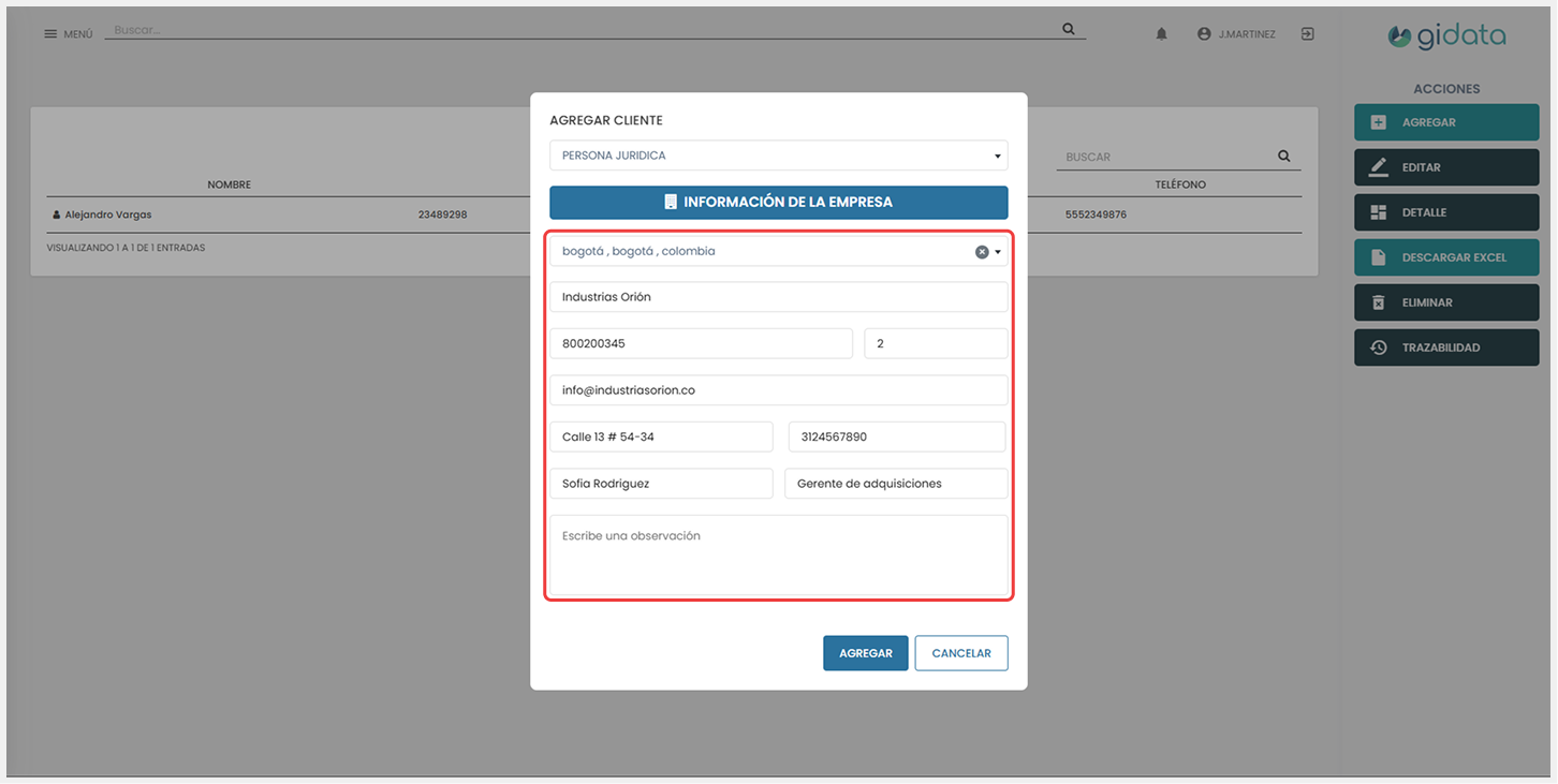 Vista del formulario ‘Agregar cliente’, donde se completan los campos con la información correspondiente de Persona jurídica antes de confirmar la creación mediante el botón ‘Agregar’.