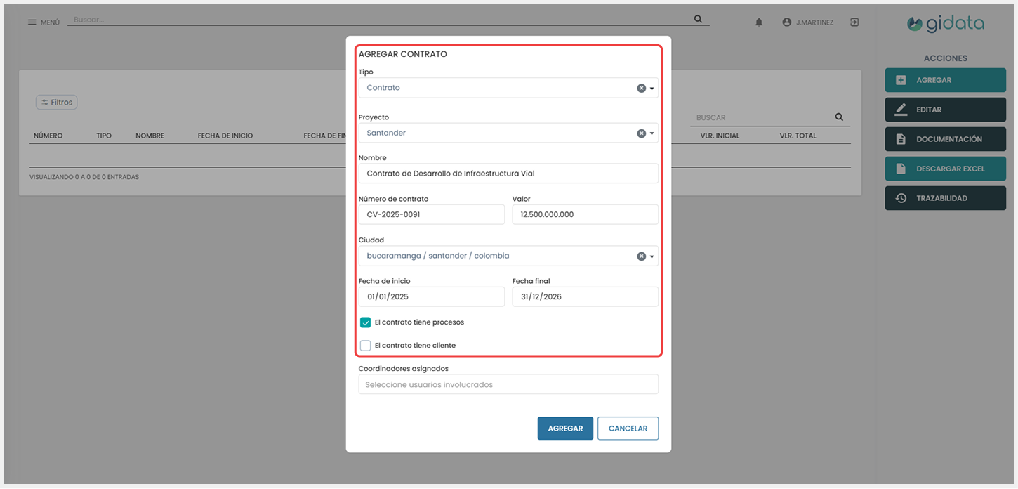 Vista del formulario ‘Agregar contrato’, donde se completan los campos correspondientes.