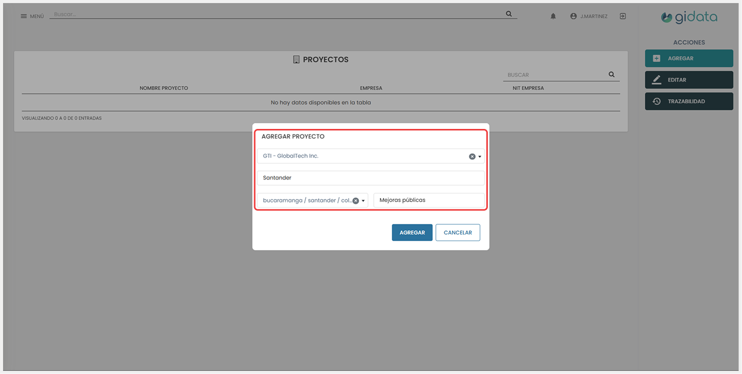 Vista del formulario ‘Agregar proyecto’, donde se completan los campos correspondientes.