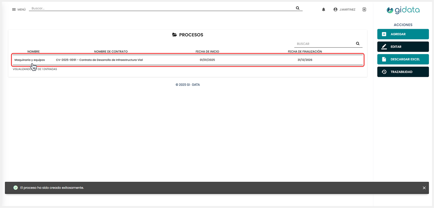 Vista del módulo donde se visualiza los procesos creados.