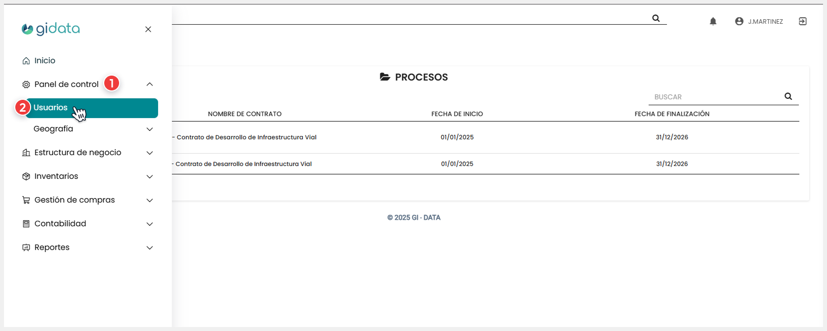Vista del menú, módulo ‘Panel de control’ donde el usuario accede al submódulo ‘Usuarios’
