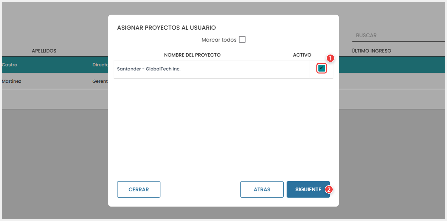 Ventana de asignación de proyectos para el usuario.
