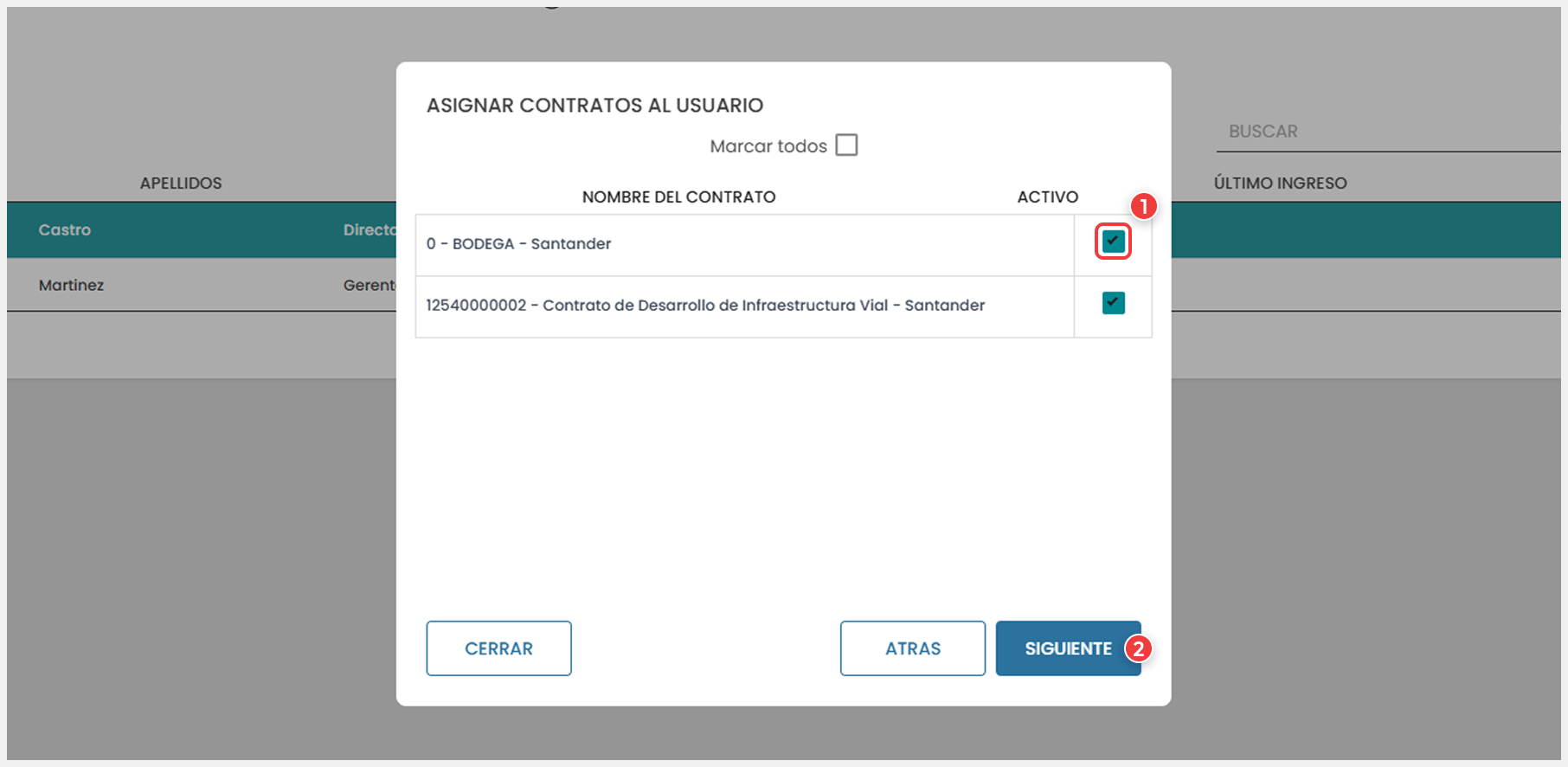 Ventana de asignación de contratos para el usuario.