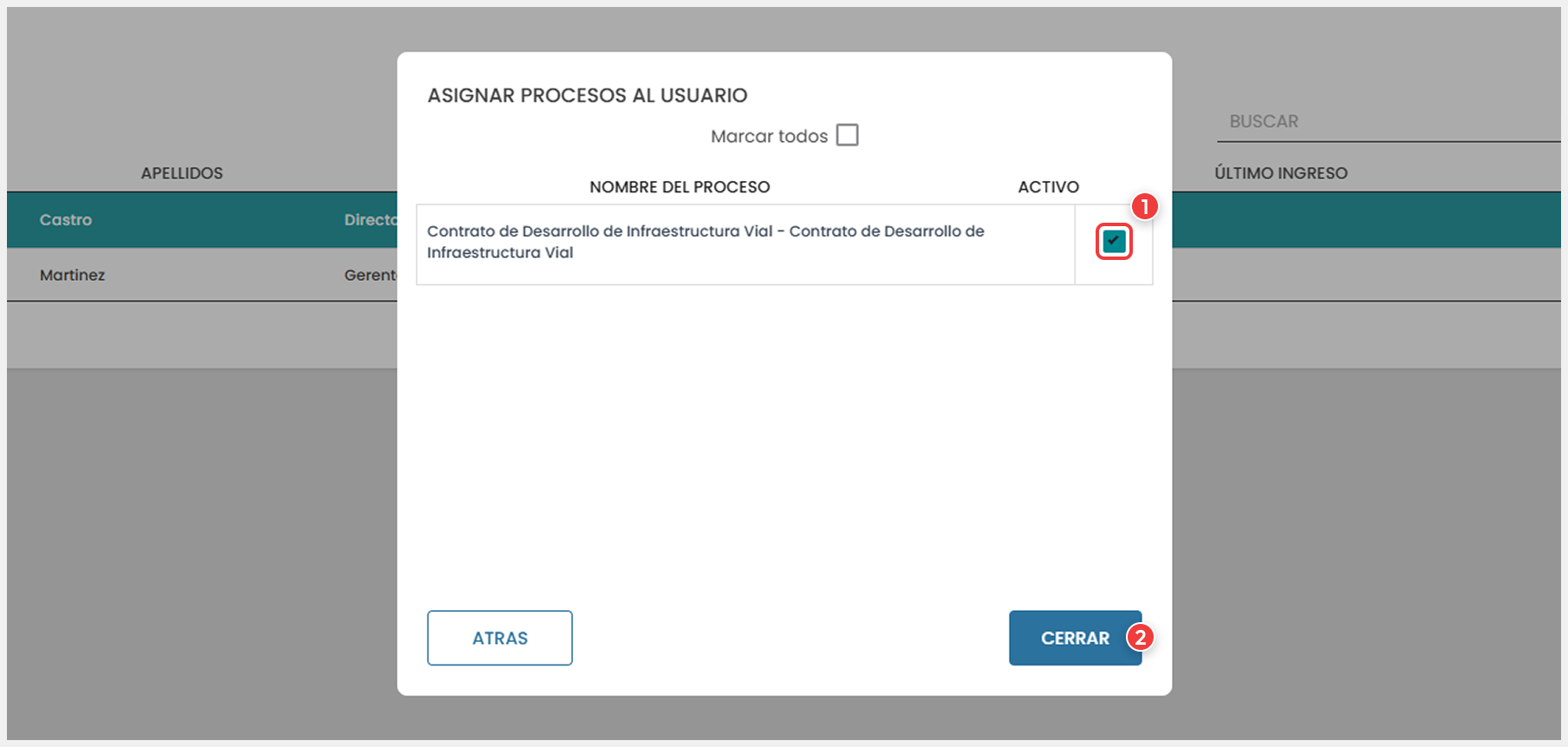 Ventana de asignación de procesos para el usuario.